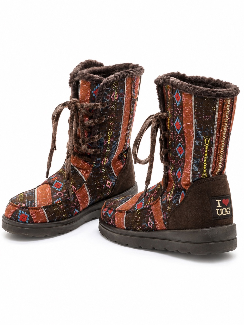 I Heart UGG Southwestern Aztec Woven Lace Up Fleece Boots Brown